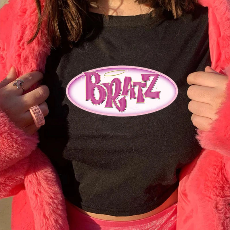 Streetwear 90s Summer New Y2k Women's Clothing Bratz Letter Printing Black Crop Tops O-neck Vintage Casual Short Sleeve T-shirts