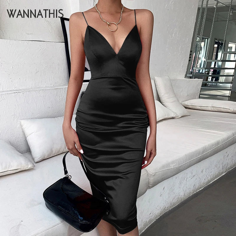 WannaThis Red Satin Deep V-Neck Summer Women Bodycon Knee-Dress sleeveless backless Elegant Party Outfits Sexy Slim Club Clothes