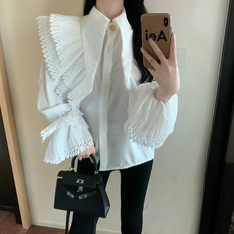 New Fashion Spring Fall White Black Chic Ruffles Lapel Women Blouse Slim Flare Sleeve Female Gold Button Casual Shirt Tops