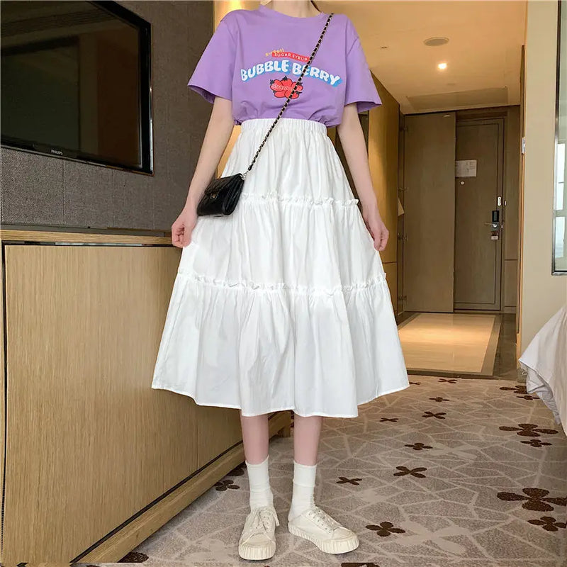 Skirts Women Summer Pleated A-line Loose Solid Ruffles Harajuku Girls Sweet Spring All-match Trendy Elegant Womens Preppy-style