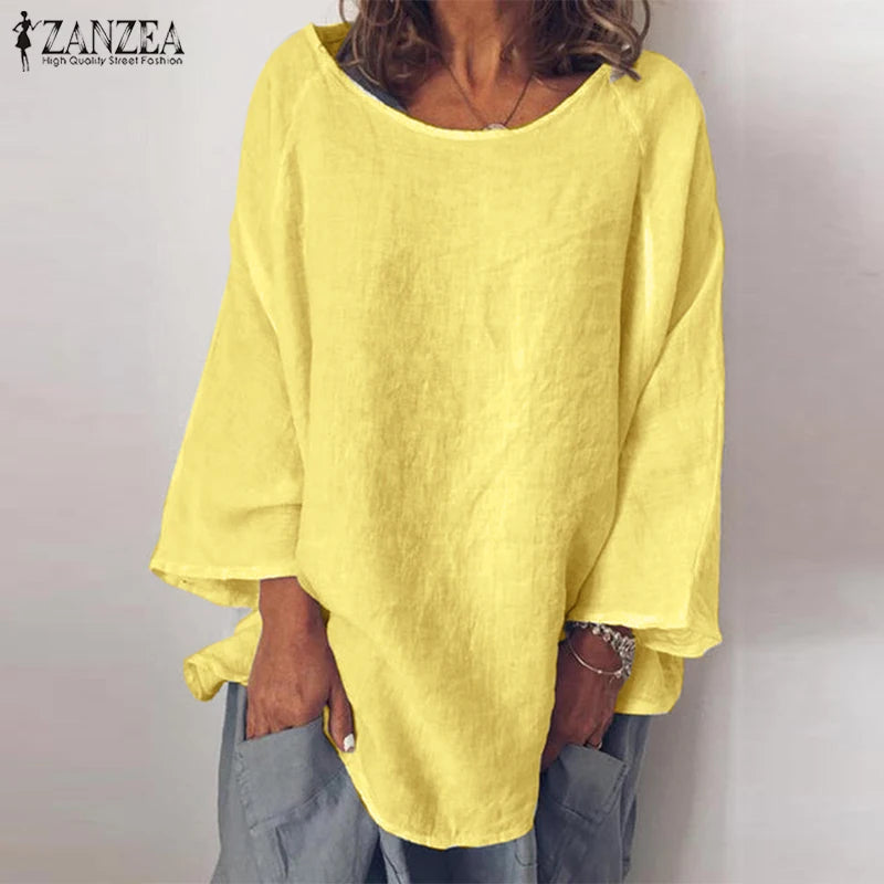 ZANZEA Fashion Women Long Sleeve Solid Cotton Linen Shirt Autumn Blouse Femininas Basic Tops Robe Blusas Loose Chemise Tunic