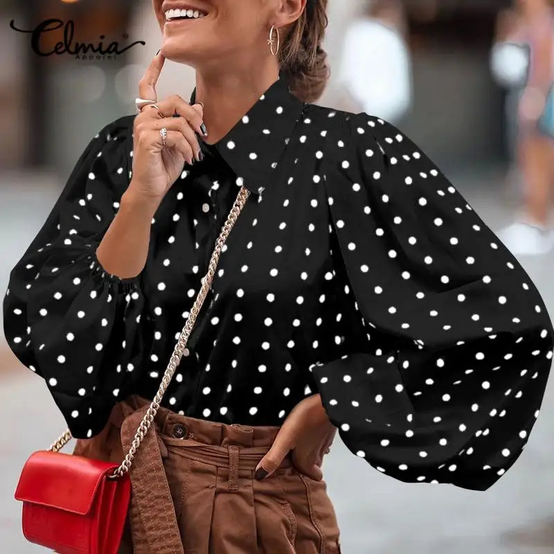 Oversized Women's Blouses Fashion Autumn Party Polka Dot Long Lantern Sleeve Lapel Shirt Celmia Elegant Tops Office Loose Blusas