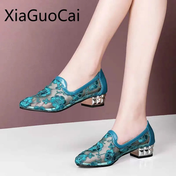 Comfortable Summer Women's High Heels Shoes New Mesh Hollow Out Women Pumps Lace Embroidered Summer Mom Pumps