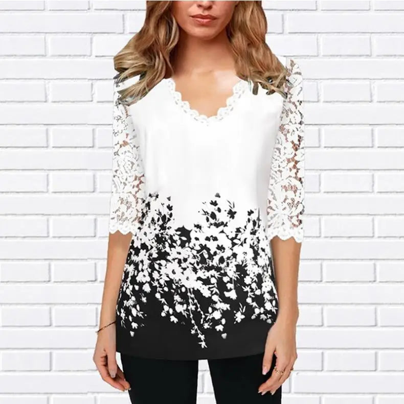Plus Size 4xl 5XL Shirt Blouse Female Spring Summer New Tops V-neck Half Sleeve Lace Splice Print Boho Women shirt