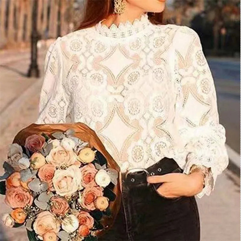 2021 Lace Flower Elegant Blouse Shirts Women Tops Ladies Casual Loose Long Sleeve Tops and Blouses Vintage White Shirts Female