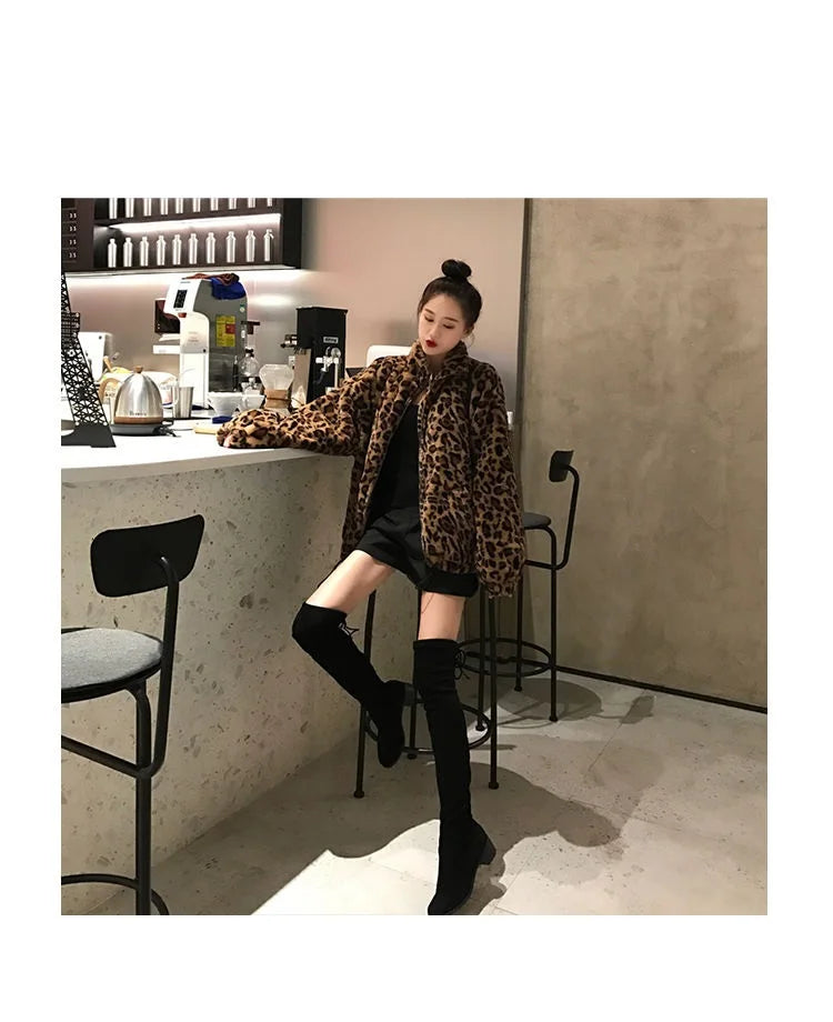 Winter Leopard Print Jacket Women's Stand collar Warm Parkas Outwear 2024 New Autumn Winter Korean Female Loose Faux Fur Coats