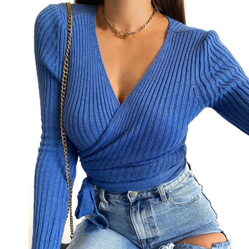 Women Sexy V Neck Wrap Blouse Solid Color Long Sleeve Slim Ribbed Knitwear Top Knitwear Top