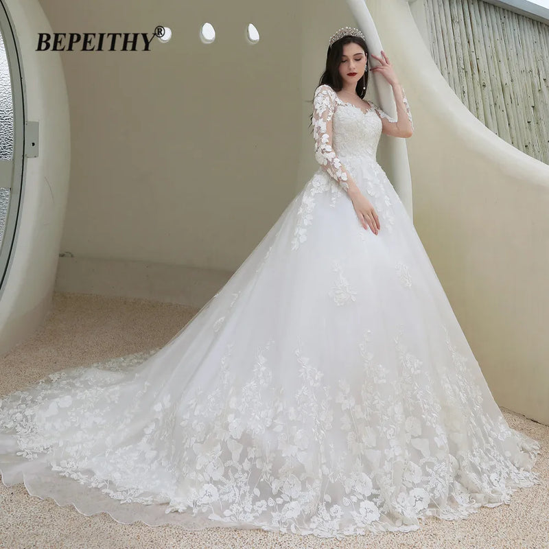 BEPEITHY Lace Romantic Wedding Gowns For Women Long Sleeves France India Bride Princess Bridal Dresses 2022 Vestidos De Novia