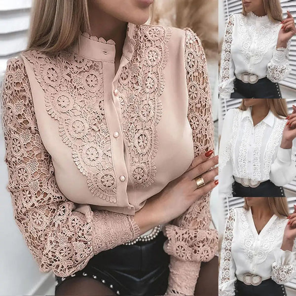 Women Sexy Lace Patchwork Hollow Out Shirt Blouse Long Sleeve O-Neck Mesh Design Tops 2022 Spring White Vintage Button Shirt Hot