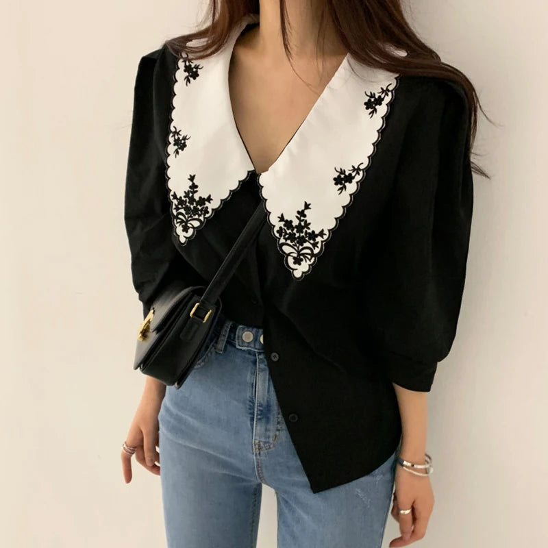 Neploe Blusas Mujer De Moda 2023 Floral Embroidery Elegant White Shirts Vintage Puff Sleeve Blouse Korean Clothes Women Tops