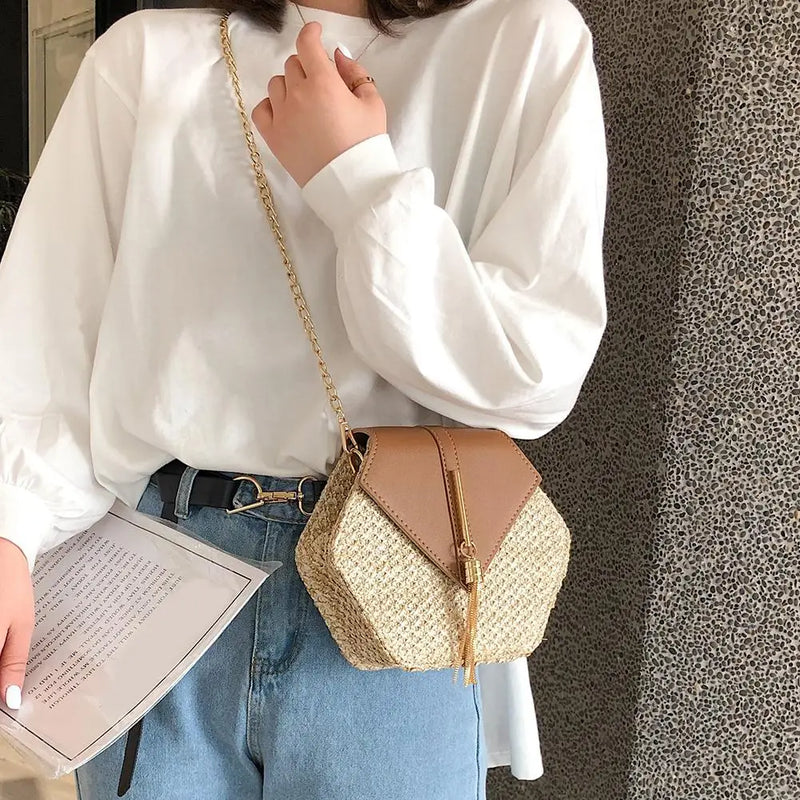 Hot Hexagon New Mulit Style Straw+PU Chain Messenger Bags Women Summer Rattan Handmade Woven Beach Boho Bags bolso feminina