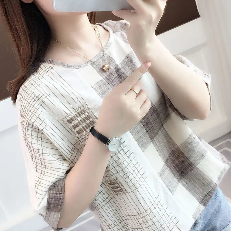 Shirts Women 2022 Ladies Tops Casual 100% Cotton Plaid Shirt Blouse Loose Plus Size Women Clothing Short Sleeve Summer White