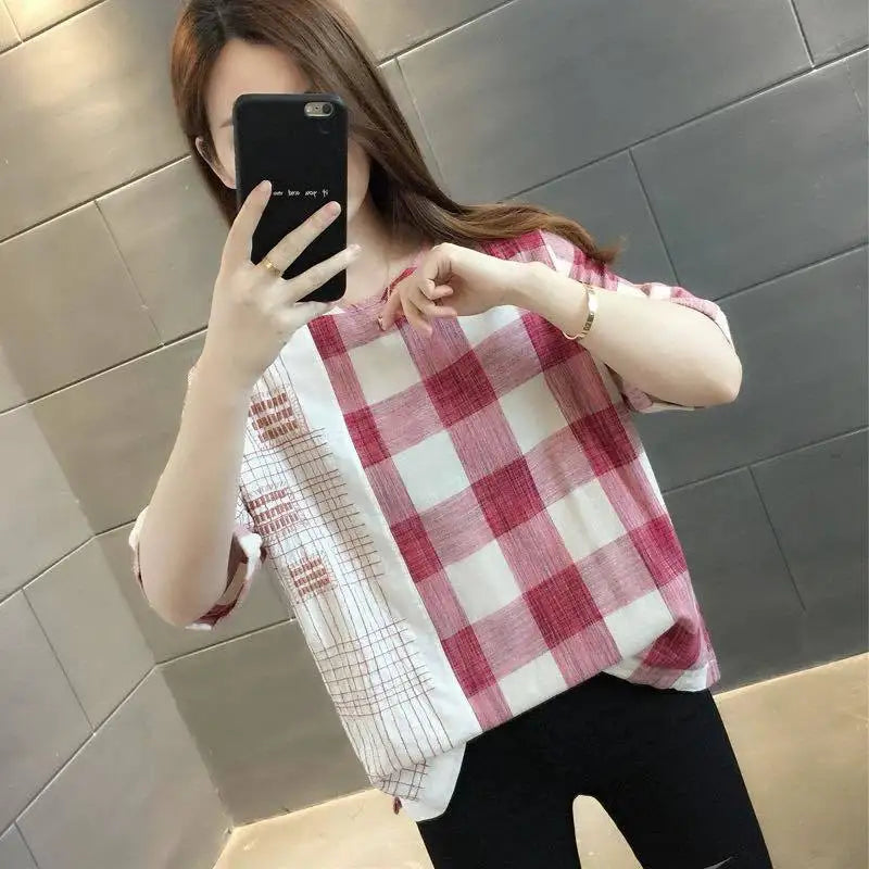 Shirts Women 2022 Ladies Tops Casual 100% Cotton Plaid Shirt Blouse Loose Plus Size Women Clothing Short Sleeve Summer White