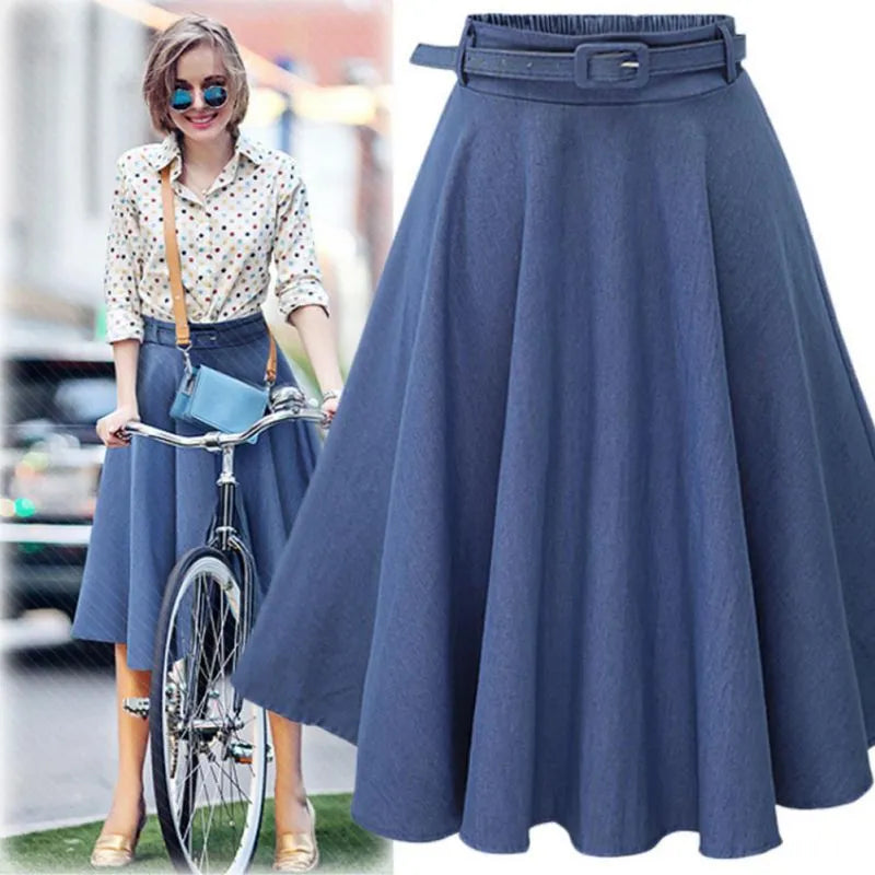 SummerWomen Denim Jeans Skirts A line Casual Skirt High Elastic Waist Streetwear Midi Pleated Female Clothing