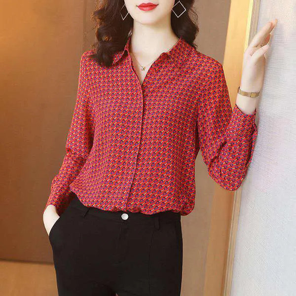 Women Spring Autumn Style Chiffon Blouses Shirts Lady Long Sleeve Turn-down Collar Plaid Printed Blusas Tops DF0010