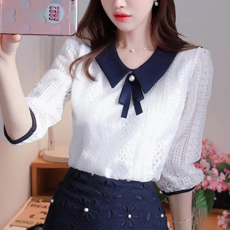 Women's Spring Summer Style Chiffon Blouses Shirt Women's V-neck Bow Patchwork Half Sleeve Elegant Lace Tops SP8676