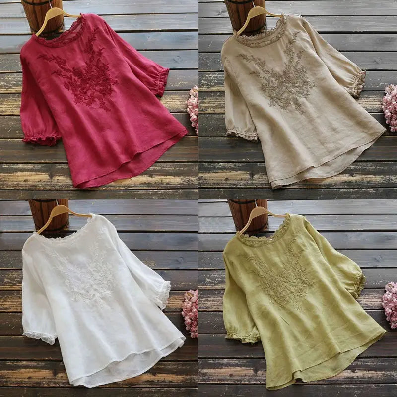 Cotton Linen Summer Top Plus size Shirt Elegant Female Blouse Women Ruffle Ladies Embroidered Tees Clothes Loose Casual