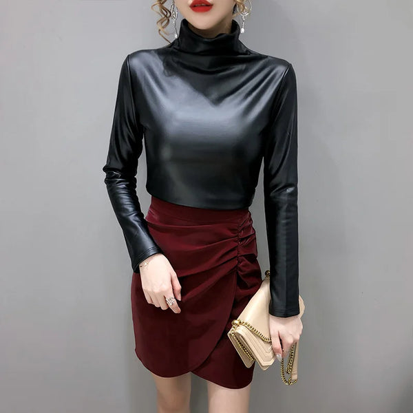 Winter Big Size Women Blouse Autumn Turtleneck Long Sleeve Pullover Shirt Tops Ladies Velvet Stretch Camisas PU Leather Blouses