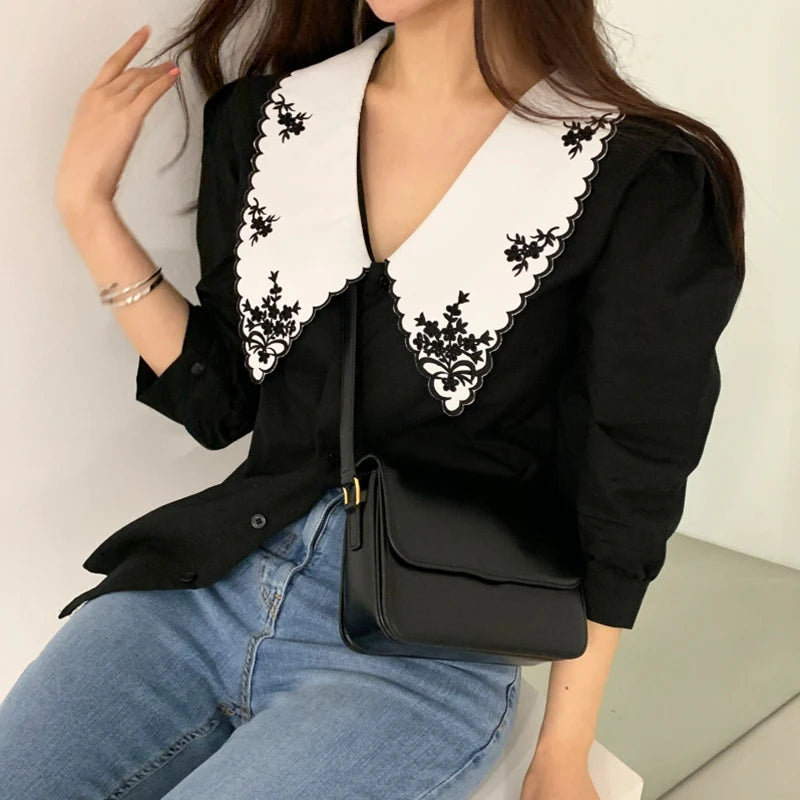 Neploe Blusas Mujer De Moda 2023 Floral Embroidery Elegant White Shirts Vintage Puff Sleeve Blouse Korean Clothes Women Tops