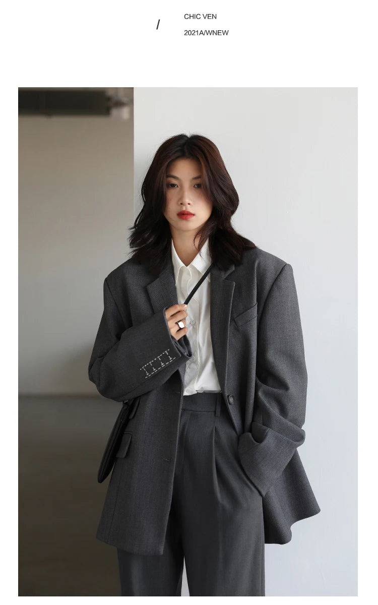 CHICVEN  Women Office Lady Blazer Cuff Embroidery Wide Shoulder Twill Suit Women's Autumn Ladies Outerwear  Stylish Tops