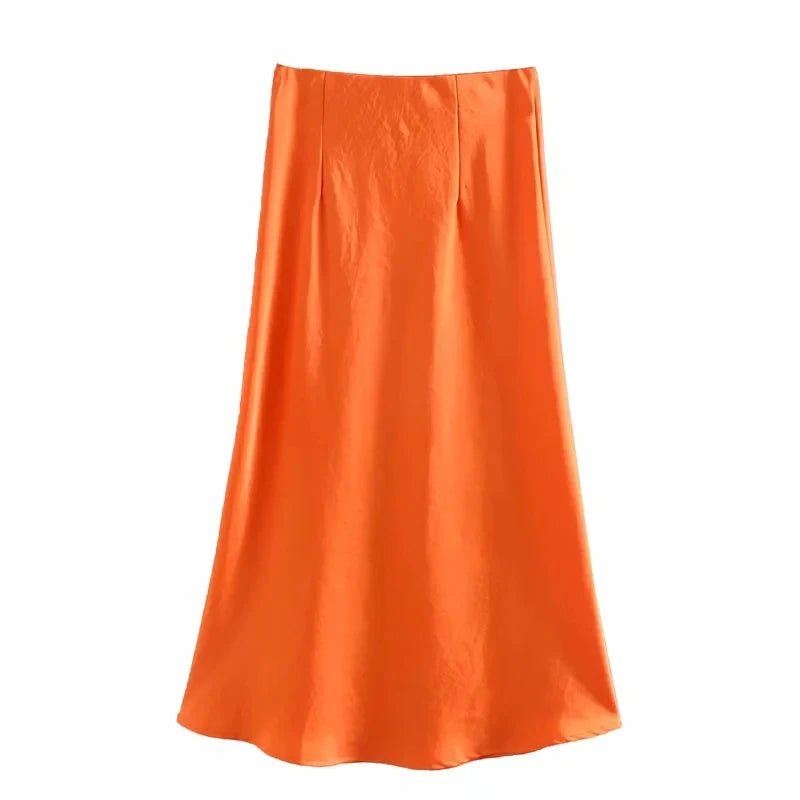 Summer Women Satin Elastic Waist Side Slit A-Line Skirt New Fashion Lady Button Decoration Falda Midi LUJIA ALAN P1597