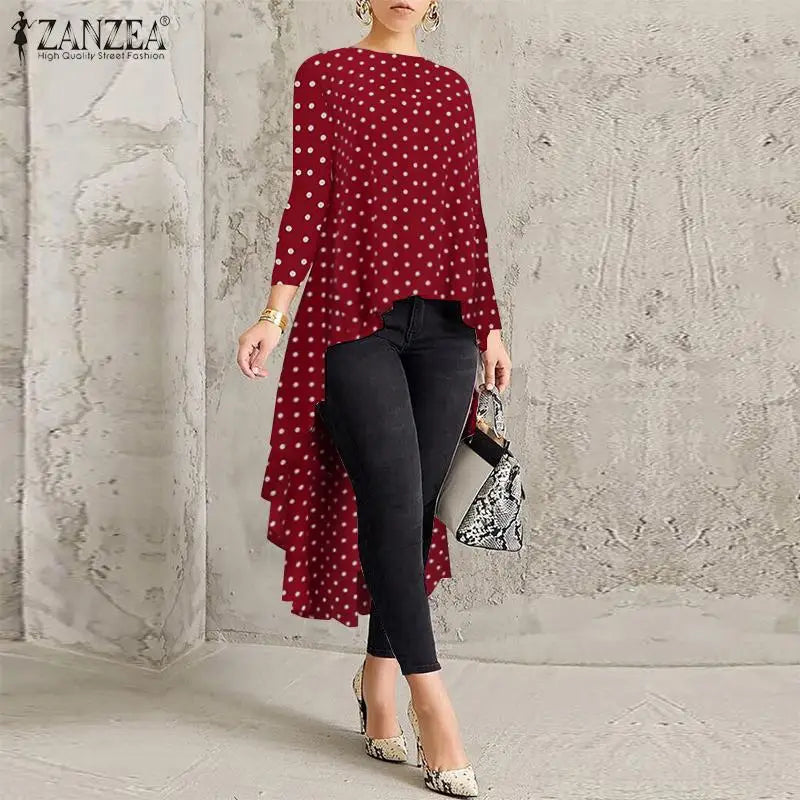 Stylish Printed Asymmetrical Tunic Women's Polka Dot Blouse ZANZEA Spring Long Sleeve Shirts Female Pleated Tops Oversized