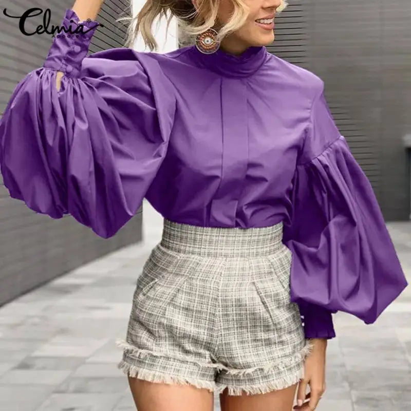 Elegant Womens White Shirts 2023 Celmia Fashion Long Lantern Sleeve Blouses Autumn Stand Collar Casual Loose Solid Blusas Mujer