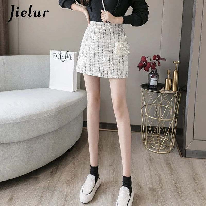 Jielur Women Skirt A-line Slim High Waist Zipper Autumn Winter Black Mini Skirts Womens Chic Saia Faldas Korean S-XL Plaid Skirt
