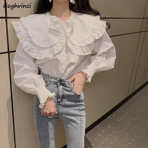 Women Shirts Lovely Vintage White Female Sweet Leisure Lantern Sleeve Students Ruffle Tops Mujer Blusas Chemisier Fashion New