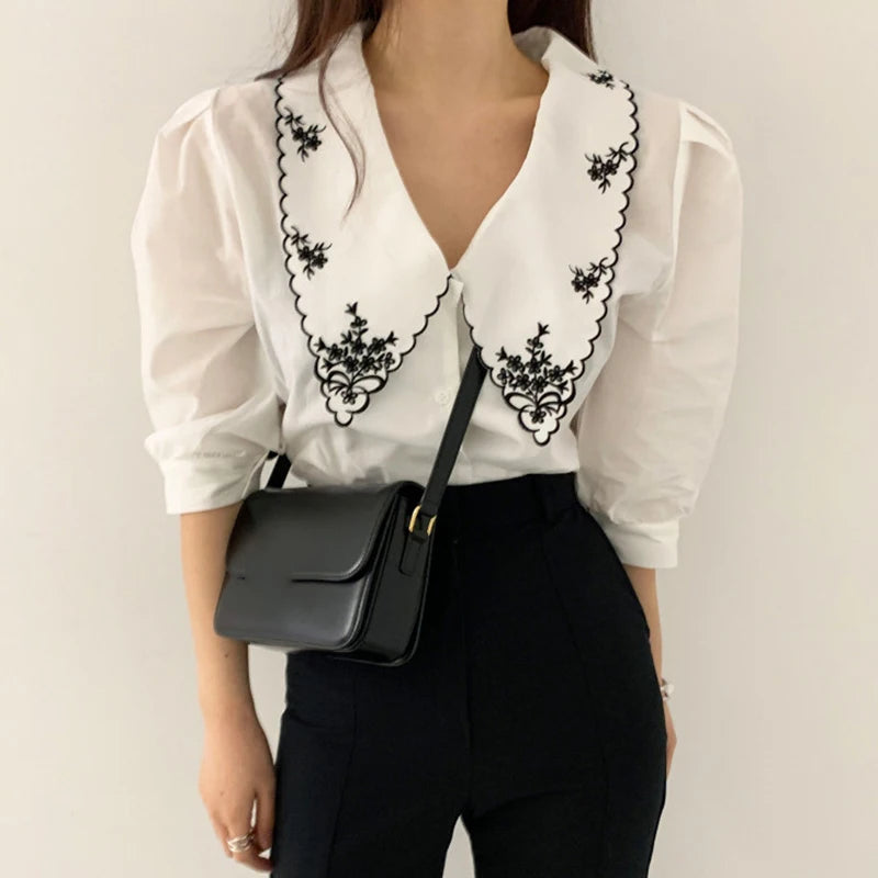 Neploe Blusas Mujer De Moda 2023 Floral Embroidery Elegant White Shirts Vintage Puff Sleeve Blouse Korean Clothes Women Tops