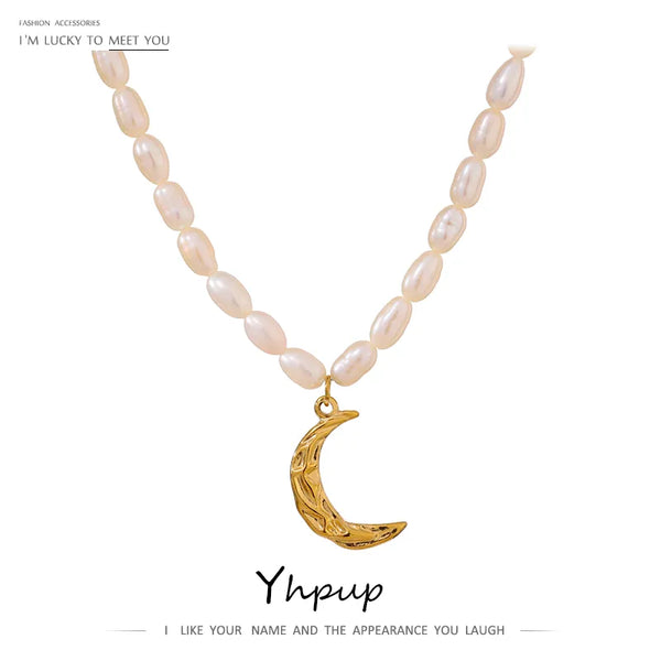 Yhpup Elegant Natural Pearl Jewelry Necklace Moon Pendant Stainless Steel Collar Waterproof Temperament for Women Bijoux