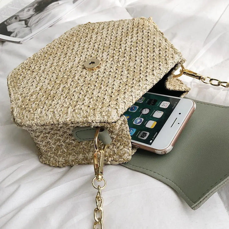 Hot Hexagon New Mulit Style Straw+PU Chain Messenger Bags Women Summer Rattan Handmade Woven Beach Boho Bags bolso feminina