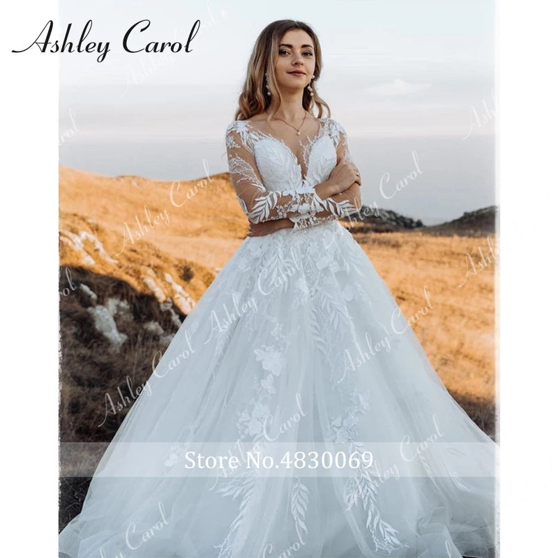 Ashley Carol Sexy Wedding Dresses For Women 2024 Appliques Tulle Backless Long Sleeve Boho Wedding Gown Vestidos De Novia