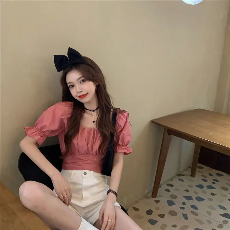 Lace up Backless Top Elegant Youth Woman Blouses Chic Fashion Short sleeve Summer Shirt Low cut Sexy 2022 New