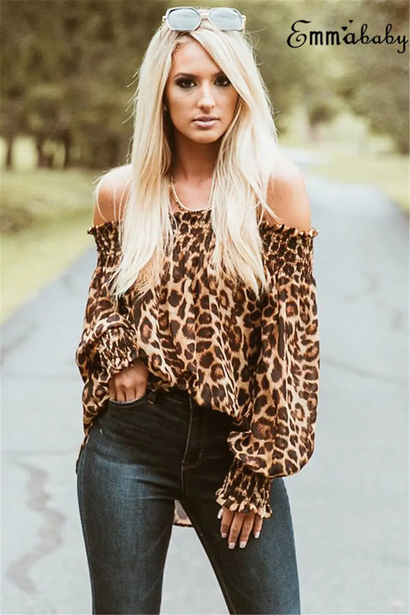 Sexy Leopard Fashion Women's Off Shoulder Tops Long Sleeve Shirt Print T-shirt Femininas Elegante Femme 2020 New arrival