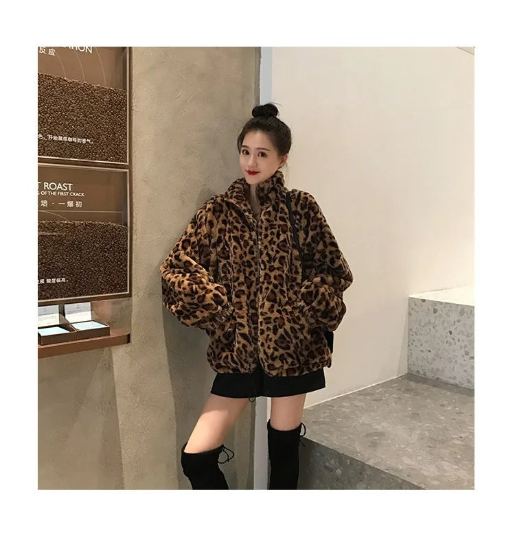 Winter Leopard Print Jacket Women's Stand collar Warm Parkas Outwear 2024 New Autumn Winter Korean Female Loose Faux Fur Coats