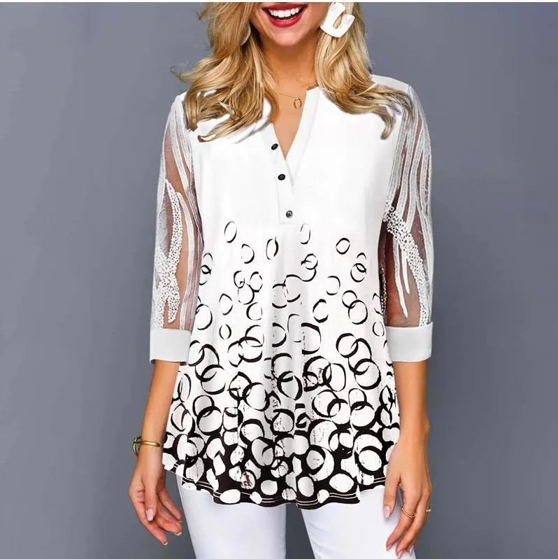 Shirt Blouse Female Spring New Tops V-neck  Half Sleeve Lace Splice Print Boho Women shirt