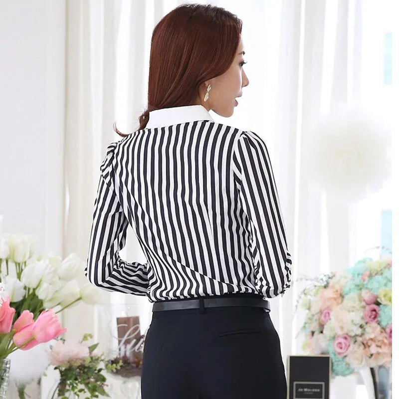 Lace Sheer Mesh Patchwork Office Elegant Chic Blouse White Black Striped Shirt Oversized Button Up Shirts Ladies Tops Women C454