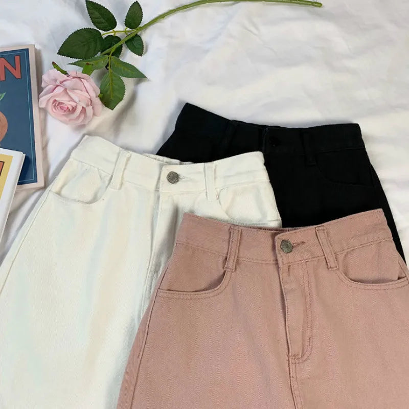Skirts Women Solid Denim Mini High Elastic Waist Skirt A-line Simple Trendy Summer New Ulzzang Daily Students Cute Pink Leisure