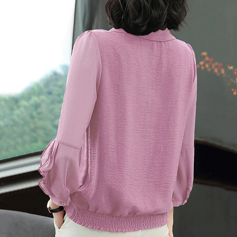 Women Spring Summer Style Chiffon Blouses Shirts Lady Casual Long Sleeve Peter Pan Collar Blusas Tops DF4033