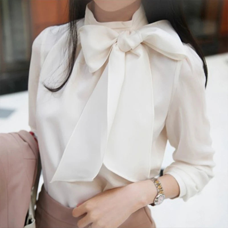 Women's Spring Autumn Chiffon Blouses Shirts Women's Elegant Bow Turtleneck Solid Color Long Sleeve Casual Tops DD8309