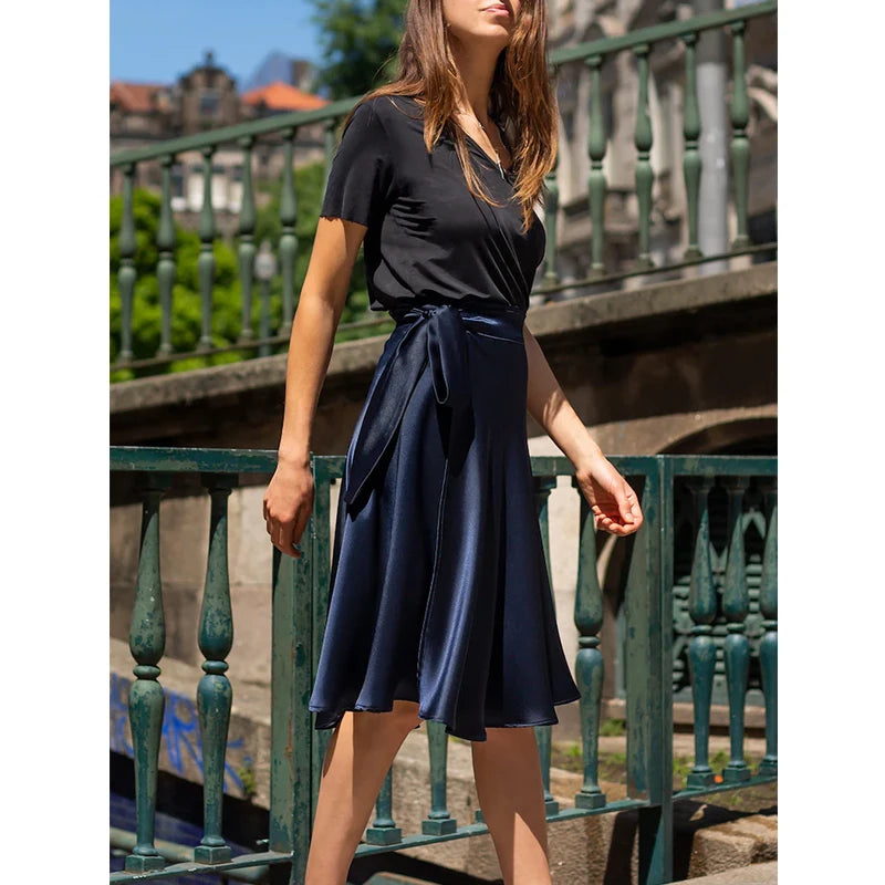 Glossy Satin Skirt Solid  High Waist Shiny Split Party Office Lady Skirts with blet  M30453