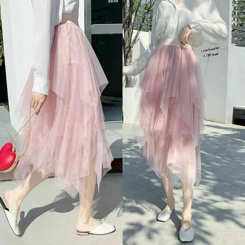 2021 Newest Hot Women's Tulle Skirt Elastic High Waist Underskirt Ballet Irregular Pleated Maxi Skirt Sheer Tutu Tulle Skirts