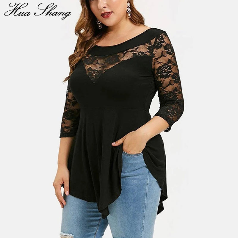 HUA SHANG 2021 Fashion Floral Lace Hollow Out Sexy Tunic Blouse Women Clothing Summer Solid Tops Ladies Ruffles Irregular Blusas