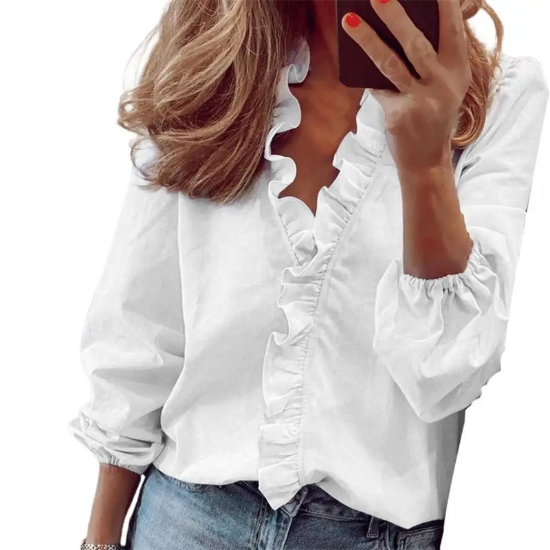 Women Shirt Ruffle Stitching Elastic Cuff Sexy V Neck Long Sleeves Ladies Pullover Streetwear Casual Solid Color Blouses