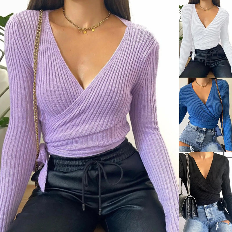 Women Sexy V Neck Wrap Blouse Solid Color Long Sleeve Slim Ribbed Knitwear Top Knitwear Top
