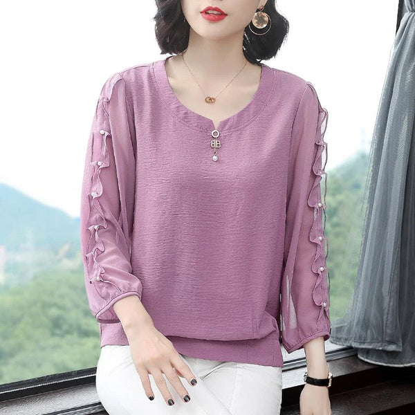 Women Spring Autumn Style Chiffon Blouses Shirts Lady Casual Loose Style Long Sleeve O-Neck Chiffon Blusas Tops DF3057