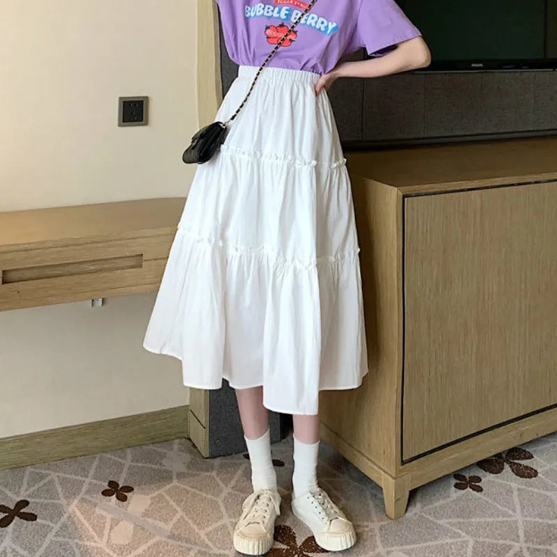 Skirts Women Solid Fungus Elastic Waist Loose Ruched Midi Skirt Student Harajuku Simple Fashion Casual Ins Kawaii Japanese Daily