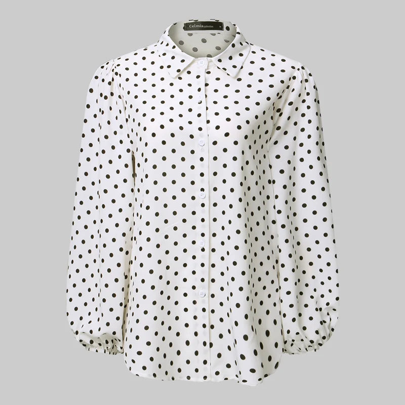 Oversized Women's Blouses Fashion Autumn Party Polka Dot Long Lantern Sleeve Lapel Shirt Celmia Elegant Tops Office Loose Blusas