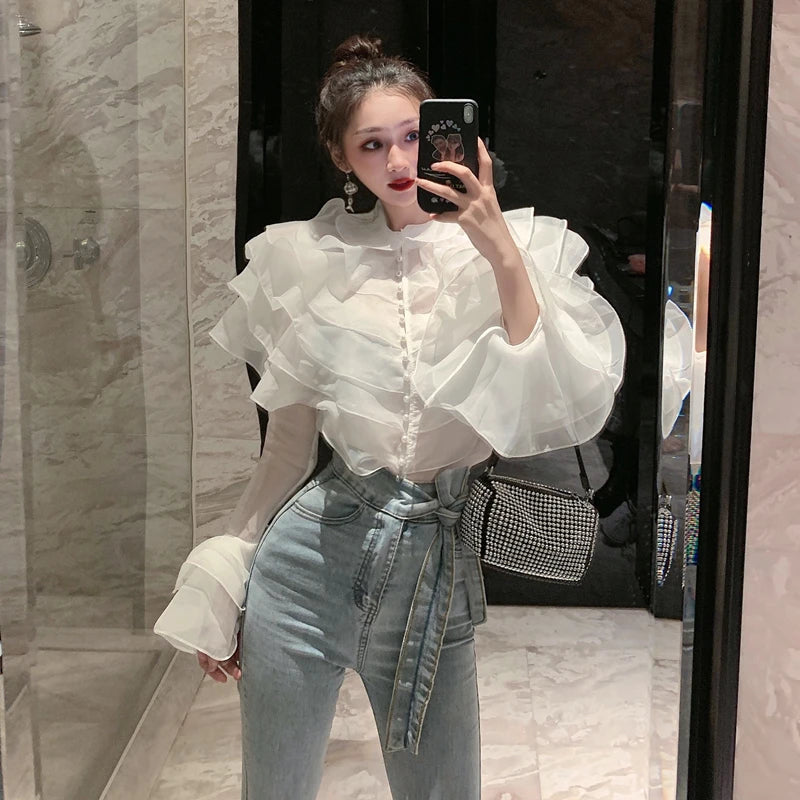 New France Autumn Women's Layer Ruffles Solid Top Fashion Female Flare Sleeve Patchwork Elegant Perspective Chic Blouses Shirts